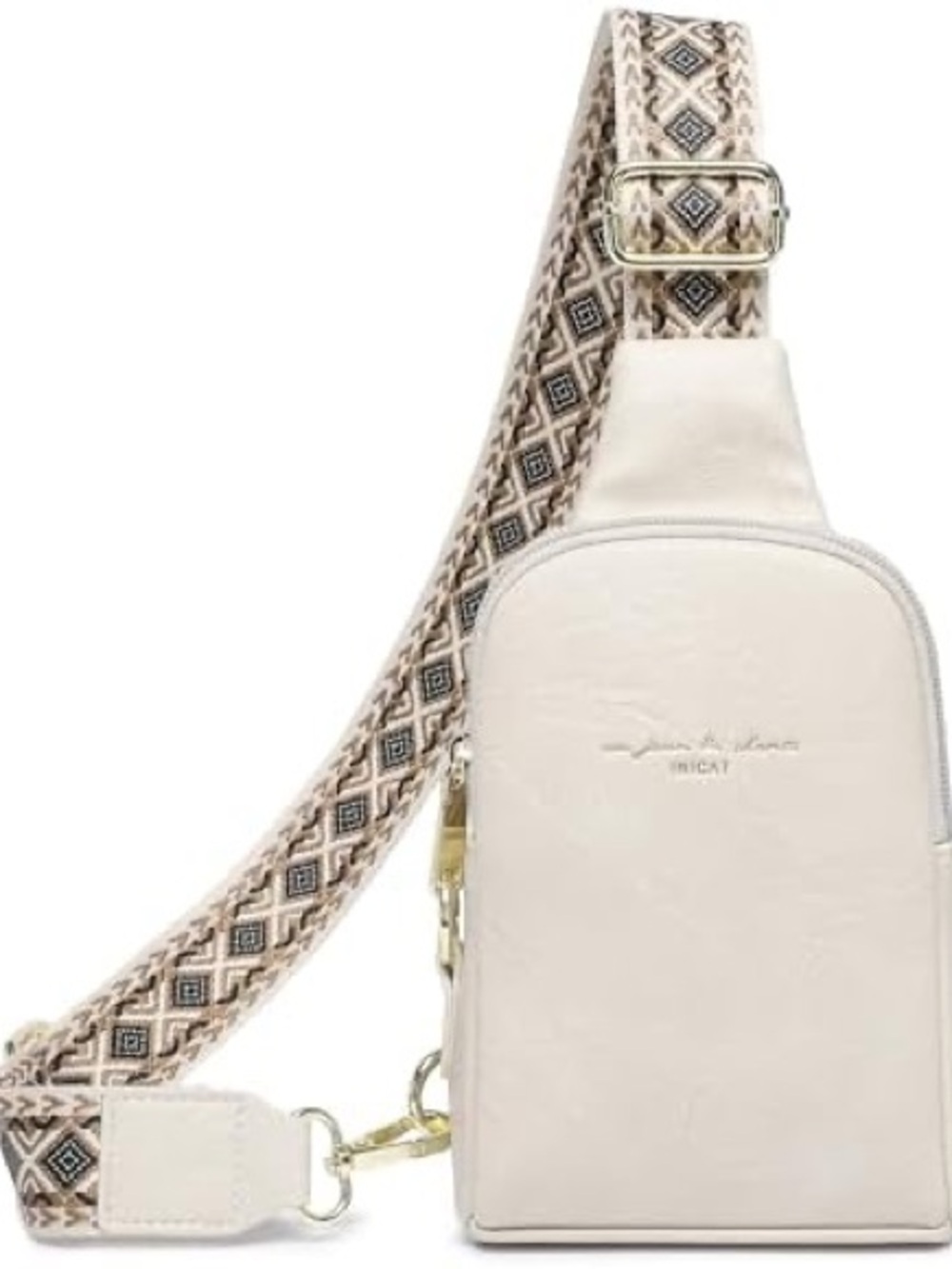 Cream Crossbody Sling Bag with Patterned Strap